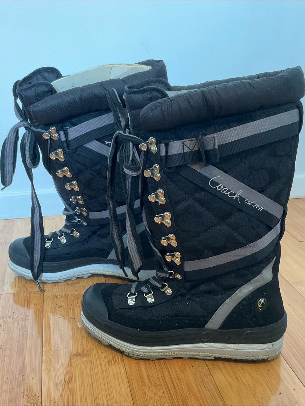 Coach Black Quilted Lace-Up Winter Boots with Gray Accents